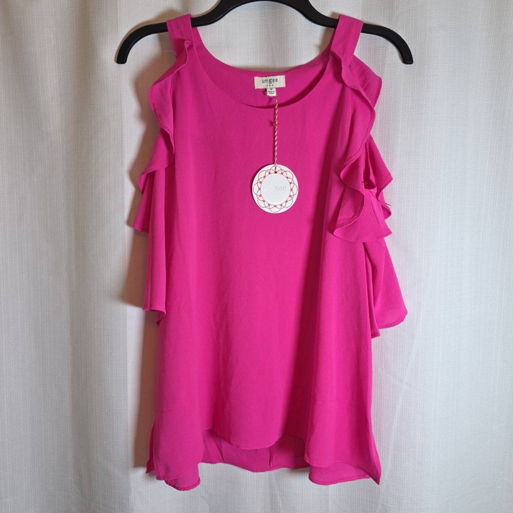 Umgee Pink Cold Shoulder Ruffle Blouse Round Neck Short Sleeve Size M NWT